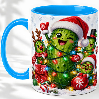 #pl[11oz|Blue] Christmas Pickle Accent Mug, Ceramic Mug with Festive Character Art