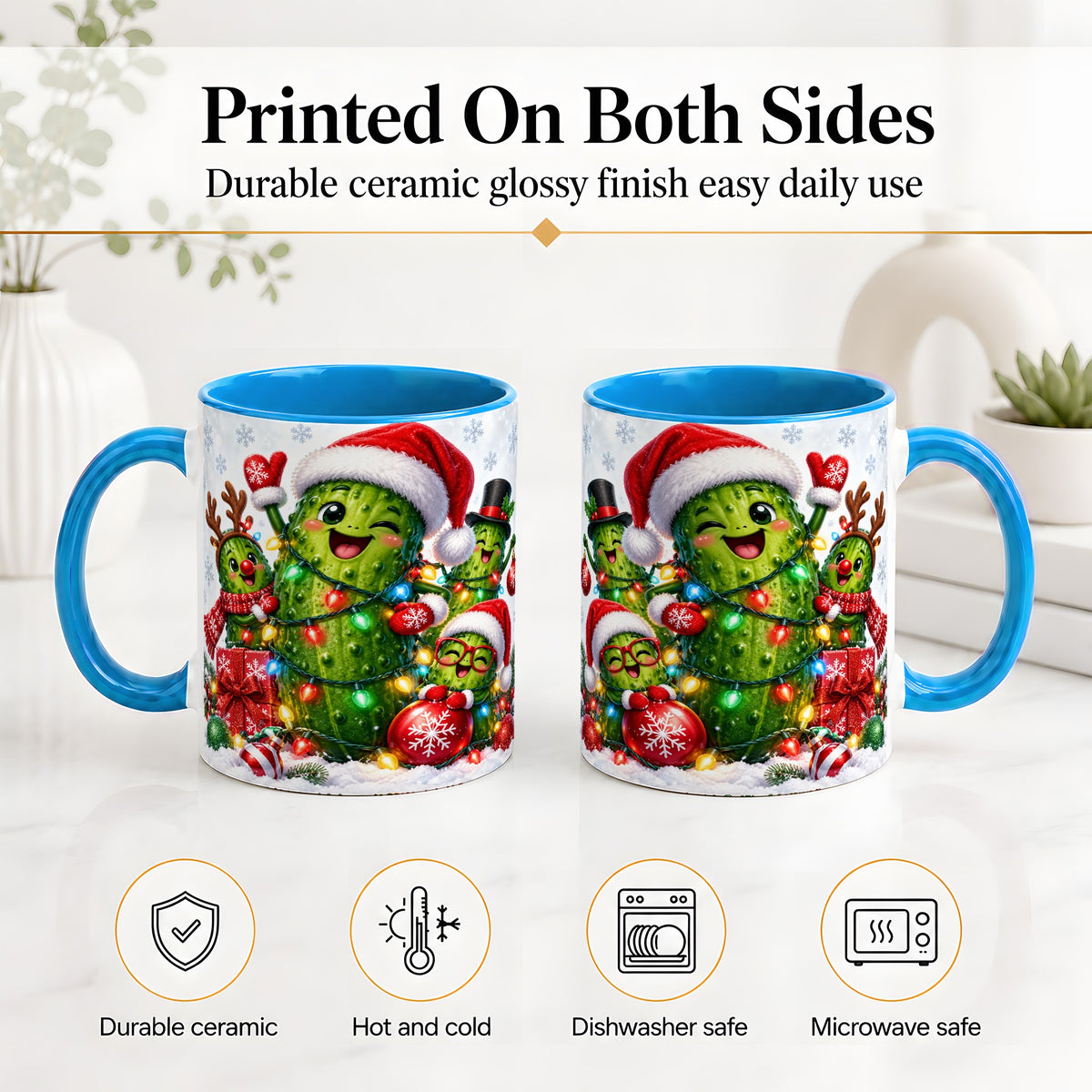#pl[11oz|Blue] Christmas Pickle Accent Mug, Ceramic Mug with Festive Character Art