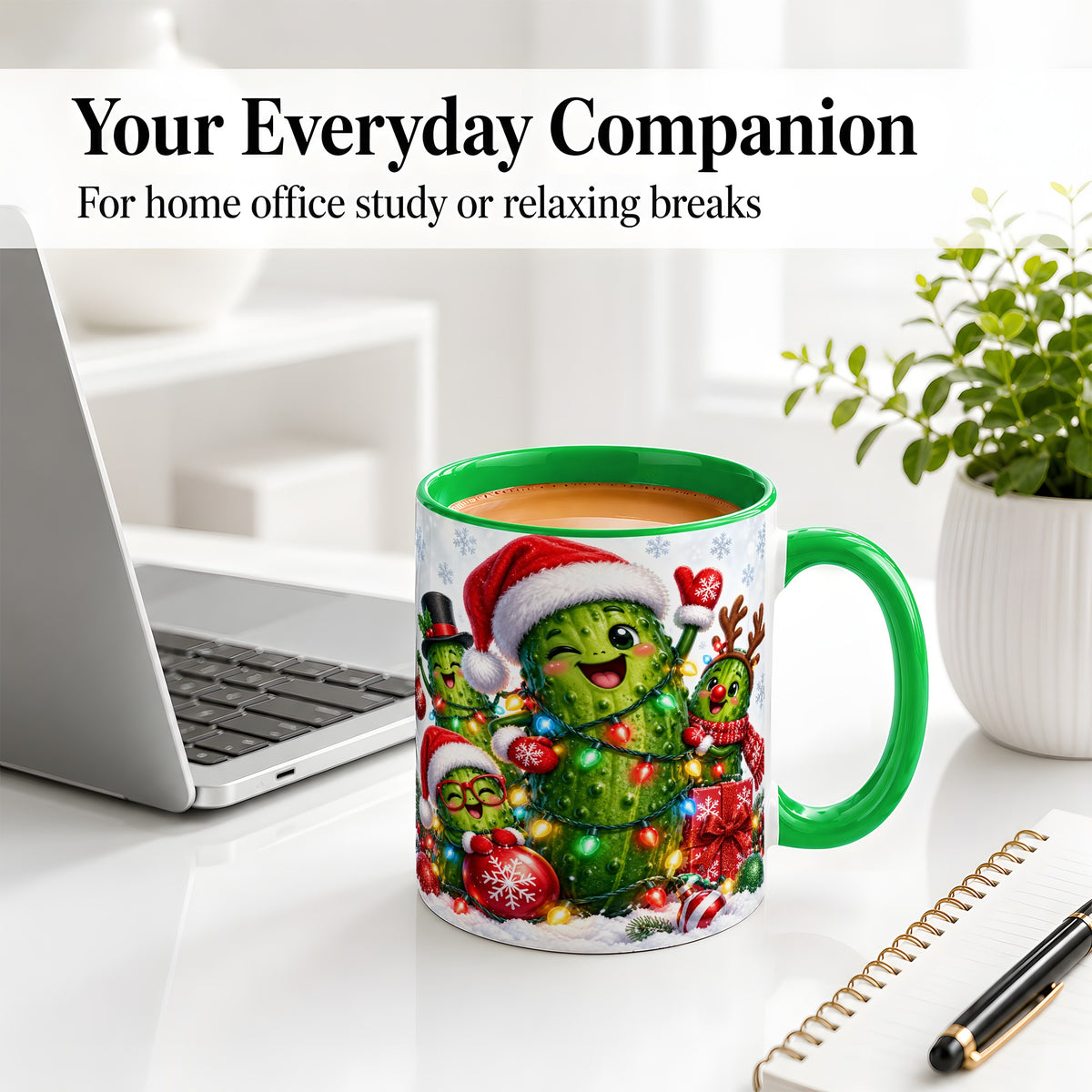 #pl[11oz|Green] Christmas Pickle Accent Mug, Ceramic Mug with Festive Character Art