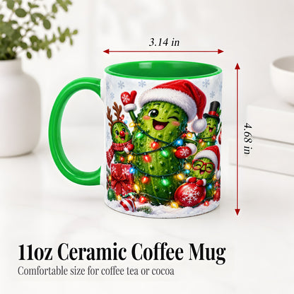 #pl[11oz|Green] Christmas Pickle Accent Mug, Ceramic Mug with Festive Character Art