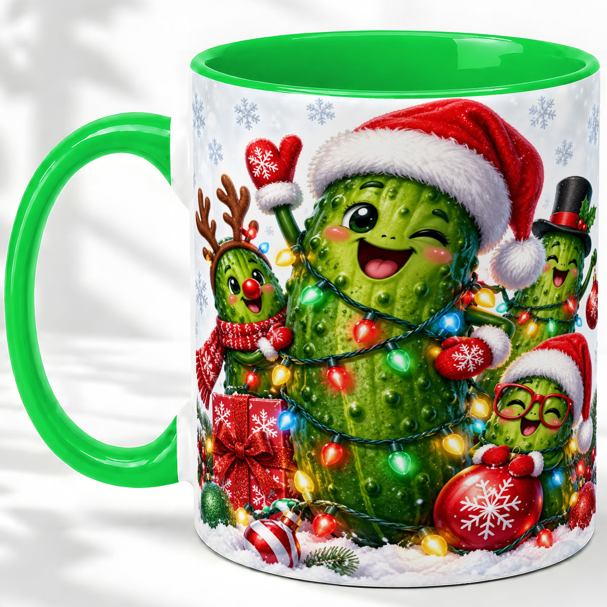 #pl[11oz|Green] Christmas Pickle Accent Mug, Ceramic Mug with Festive Character Art