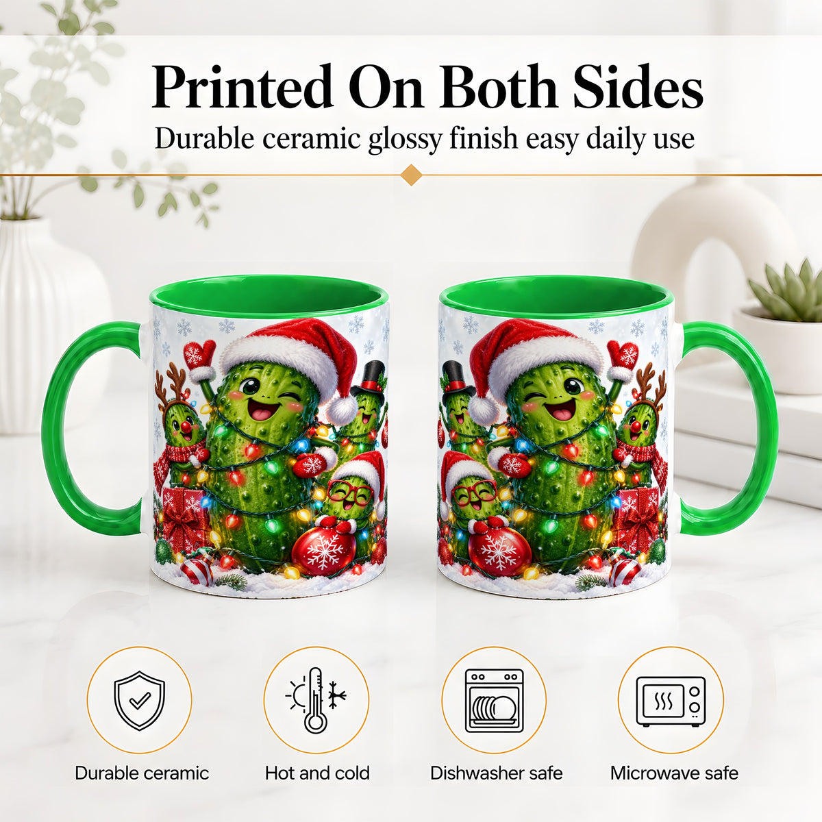 #pl[11oz|Green] Christmas Pickle Accent Mug, Ceramic Mug with Festive Character Art