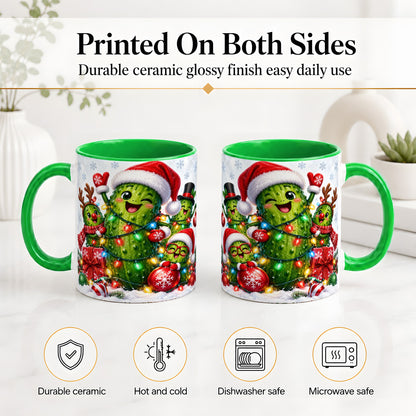 #pl[11oz|Green] Christmas Pickle Accent Mug, Ceramic Mug with Festive Character Art