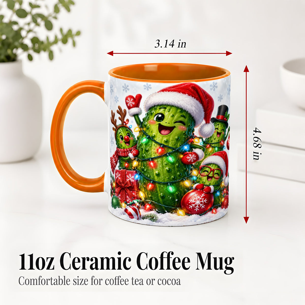 #pl[11oz|Orange] Christmas Pickle Accent Mug, Ceramic Mug with Festive Character Art