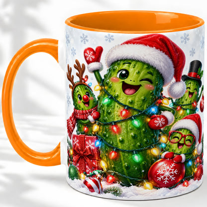#pl[11oz|Orange] Christmas Pickle Accent Mug, Ceramic Mug with Festive Character Art