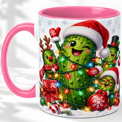 #pl[11oz|Pink] Christmas Pickle Accent Mug, Ceramic Mug with Festive Character Art