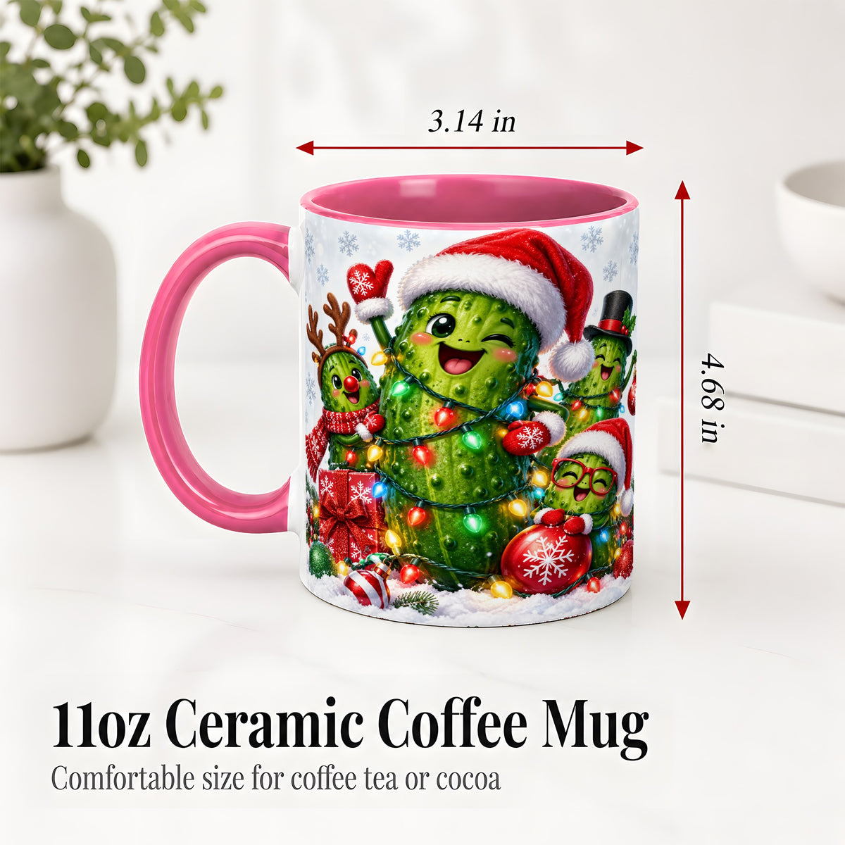 #pl[11oz|Pink] Christmas Pickle Accent Mug, Ceramic Mug with Festive Character Art