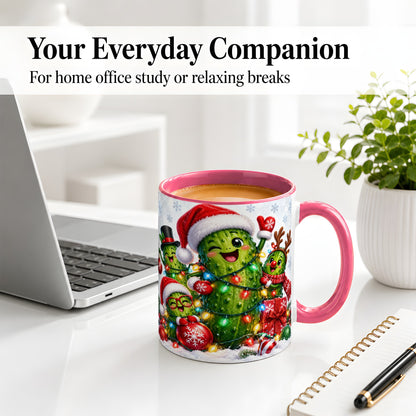 #pl[11oz|Pink] Christmas Pickle Accent Mug, Ceramic Mug with Festive Character Art