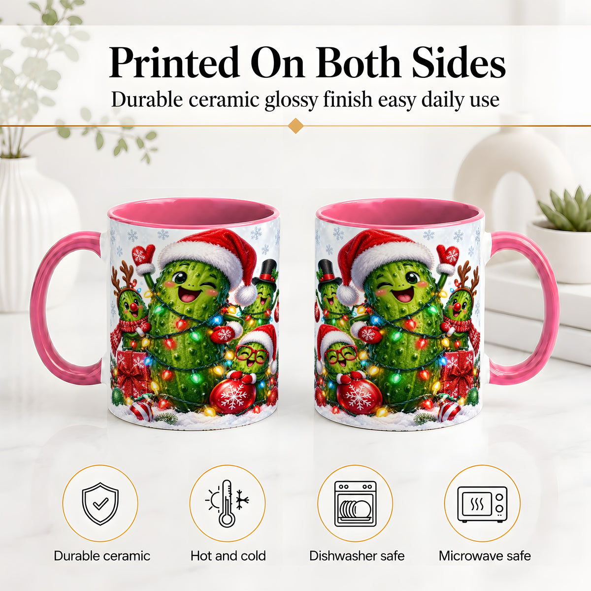 #pl[11oz|Pink] Christmas Pickle Accent Mug, Ceramic Mug with Festive Character Art