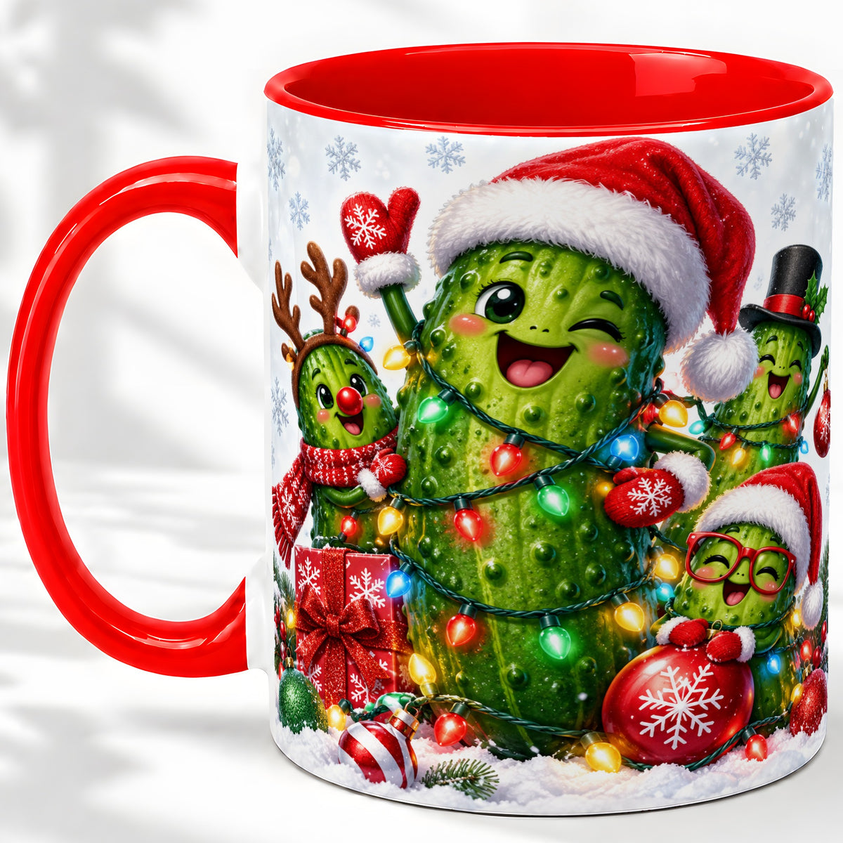 Christmas Pickle Accent Mug, Ceramic Mug with Festive Character Art