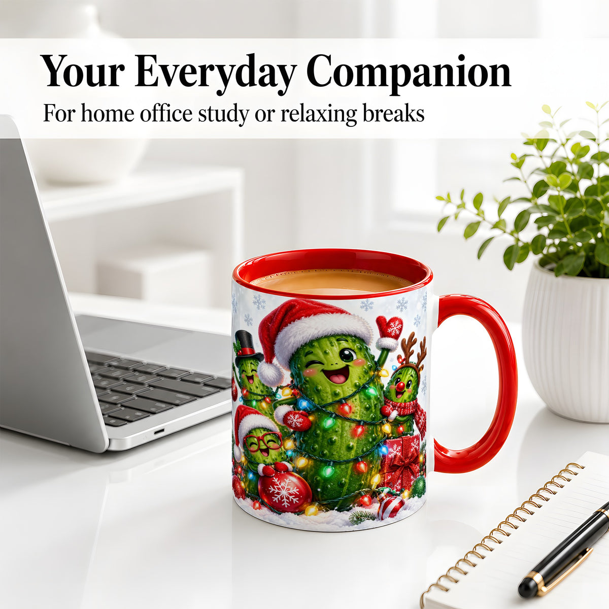 #pl[11oz|Red] Christmas Pickle Accent Mug, Ceramic Mug with Festive Character Art