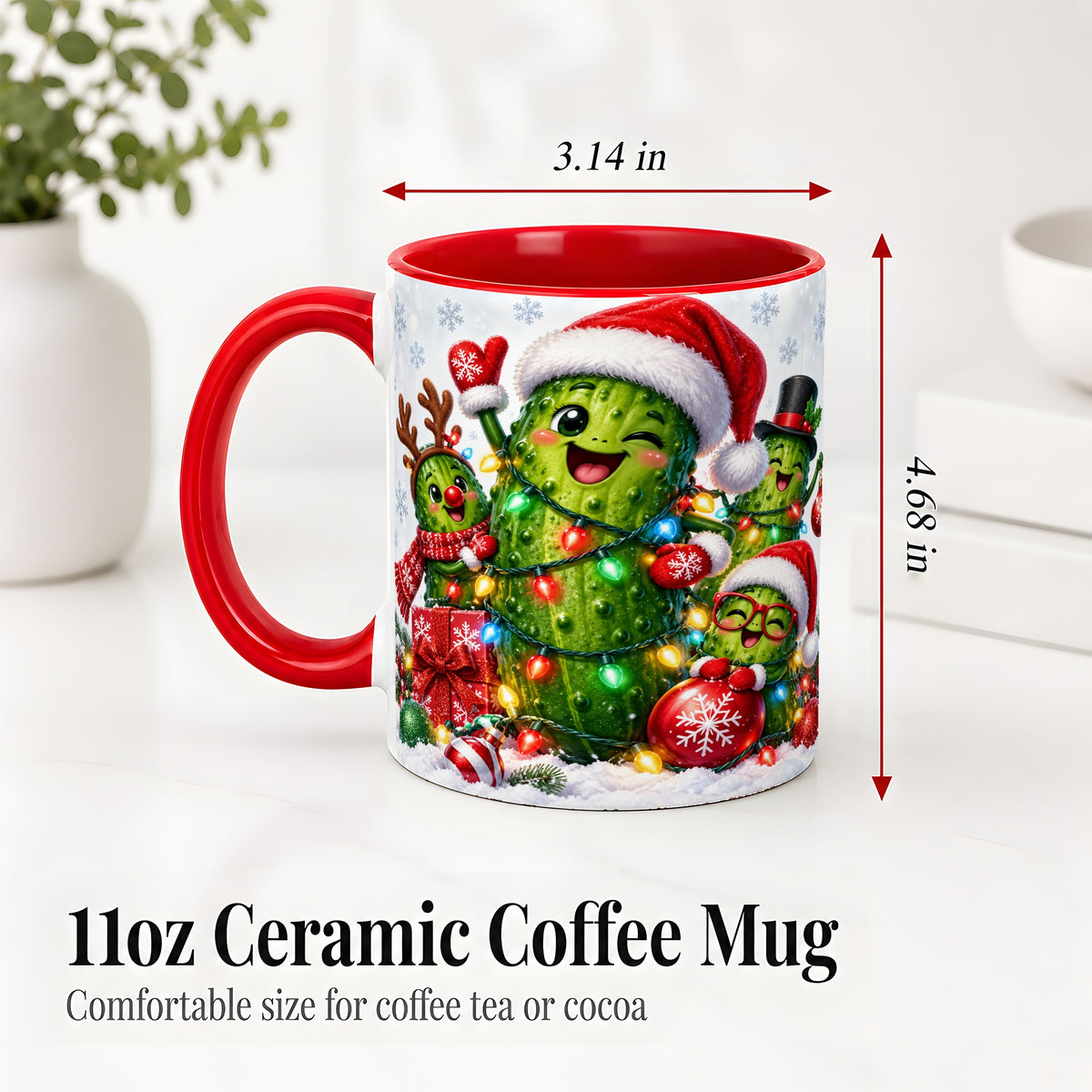 #pl[11oz|Red] Christmas Pickle Accent Mug, Ceramic Mug with Festive Character Art