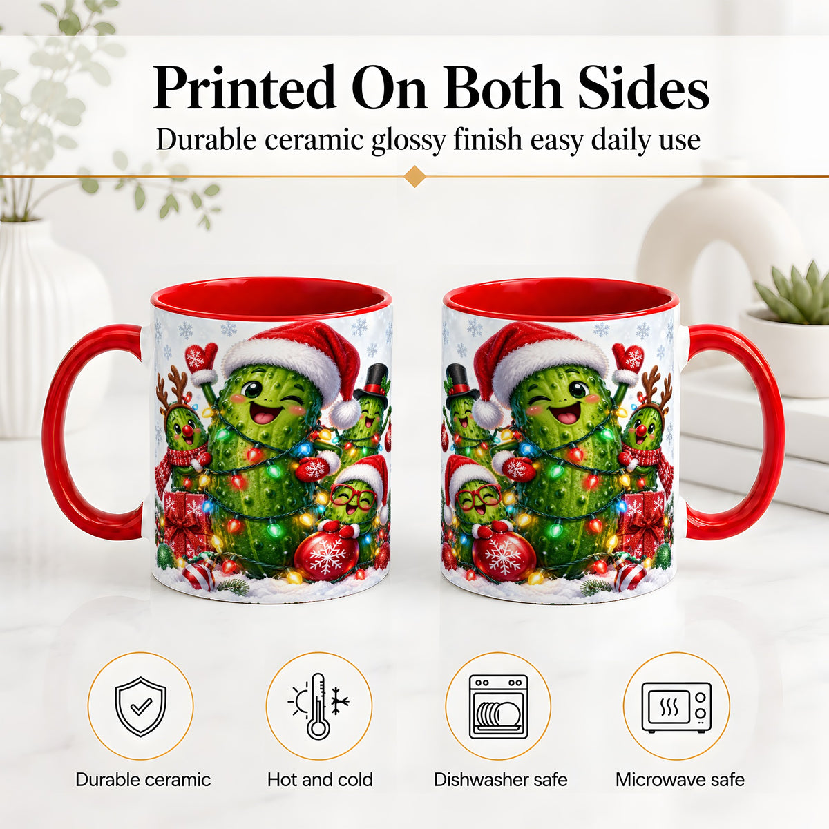 #pl[11oz|Red] Christmas Pickle Accent Mug, Ceramic Mug with Festive Character Art