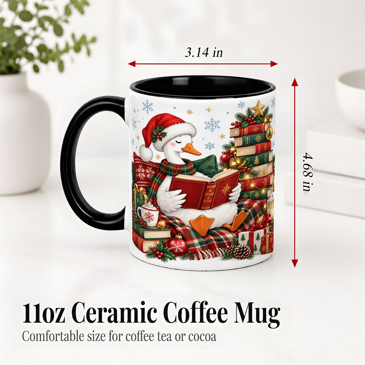 #pl[11oz|Black] Christmas Goose Accent Mug, Ceramic Mug with Cozy Reading Artwork