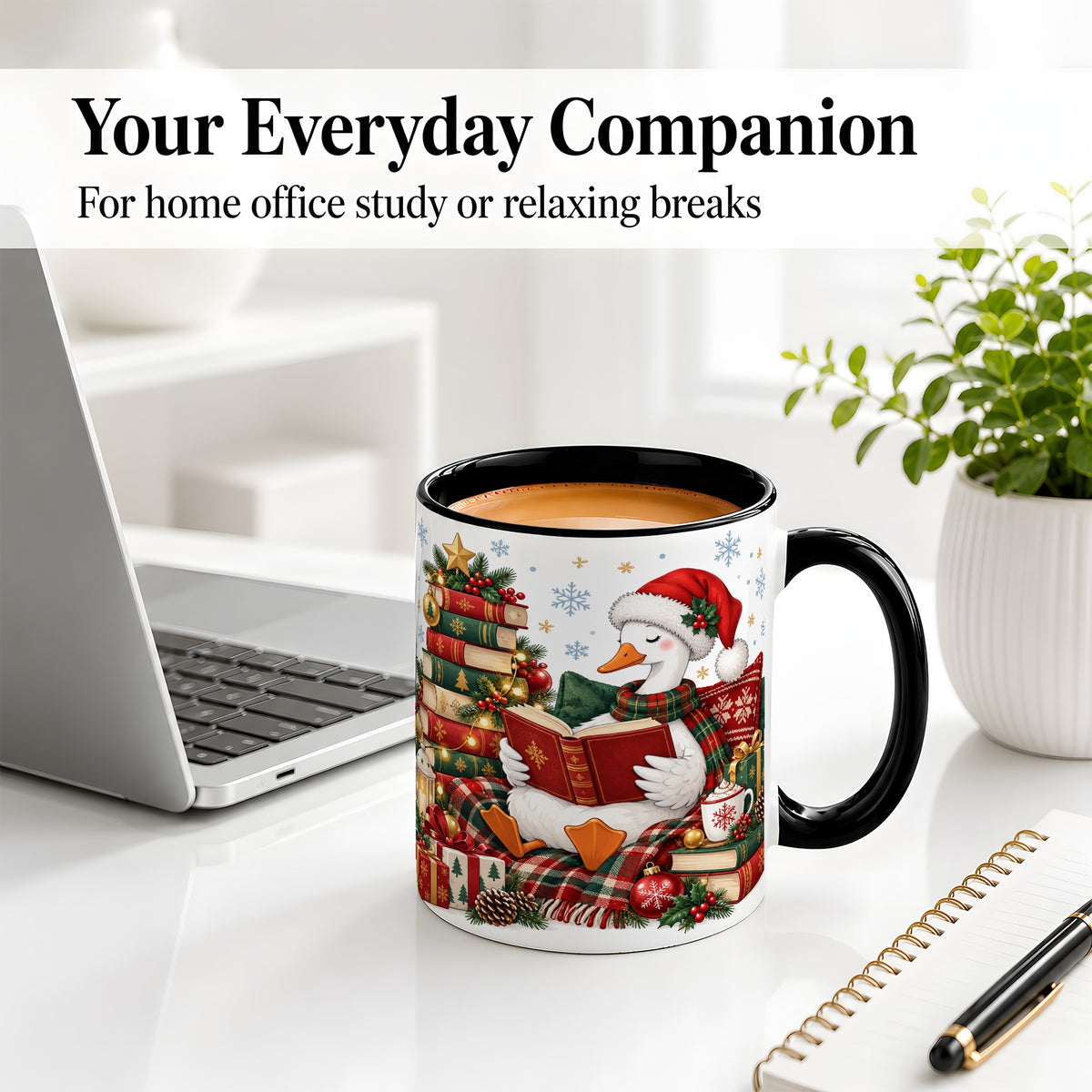 #pl[11oz|Black] Christmas Goose Accent Mug, Ceramic Mug with Cozy Reading Artwork