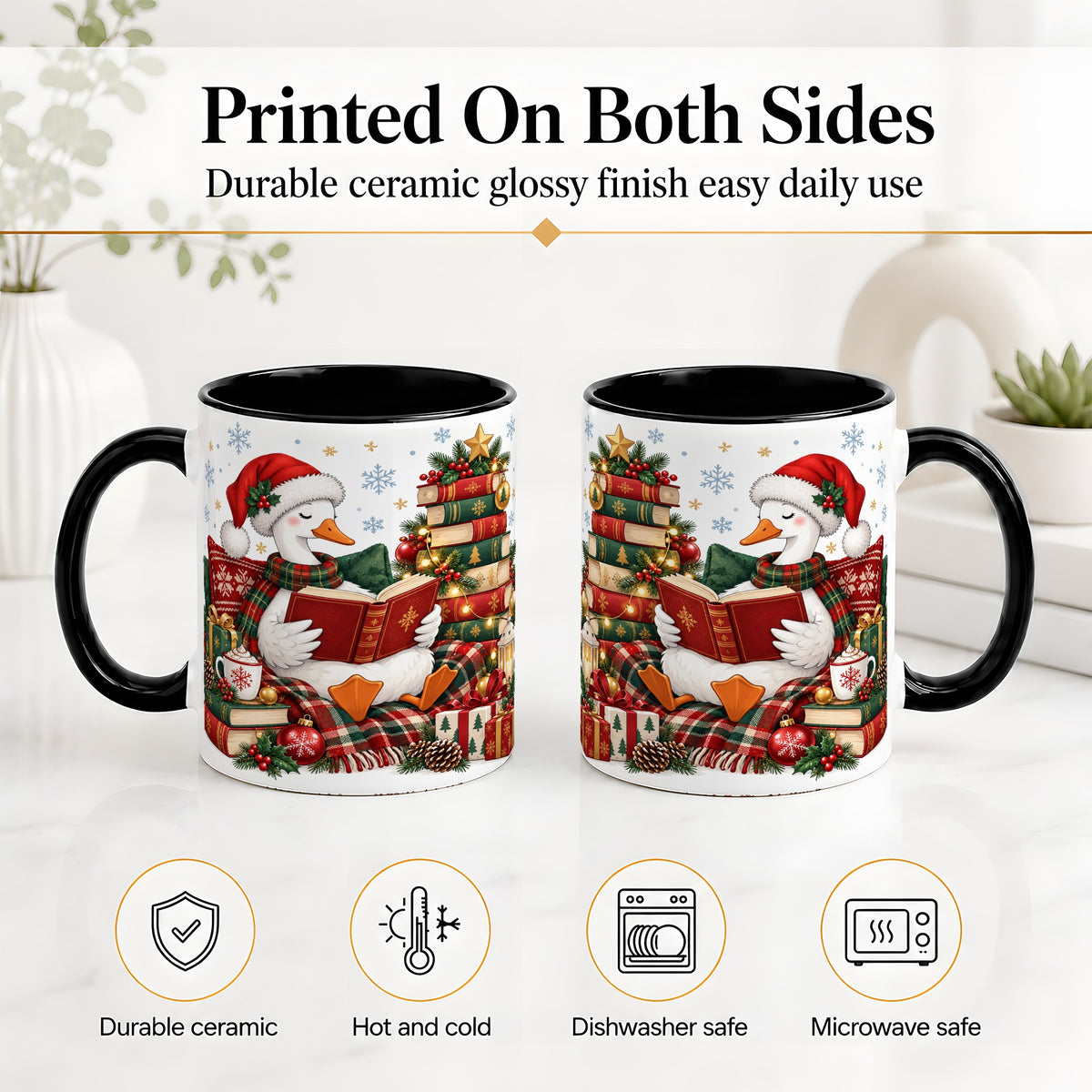 #pl[11oz|Black] Christmas Goose Accent Mug, Ceramic Mug with Cozy Reading Artwork