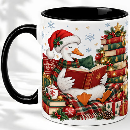 #pl[11oz|Black] Christmas Goose Accent Mug, Ceramic Mug with Cozy Reading Artwork