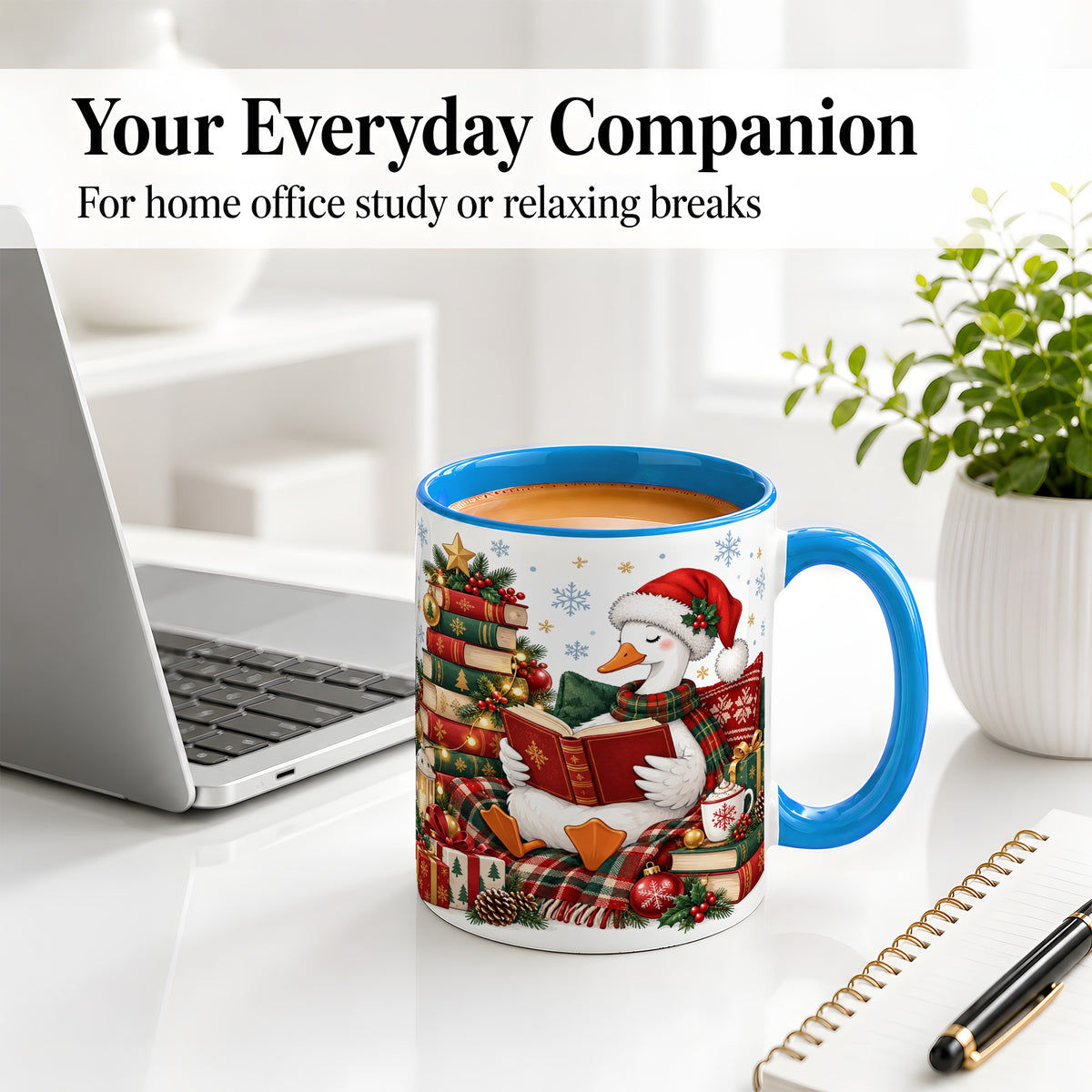 #pl[11oz|Blue] Christmas Goose Accent Mug, Ceramic Mug with Cozy Reading Artwork