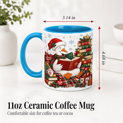 #pl[11oz|Blue] Christmas Goose Accent Mug, Ceramic Mug with Cozy Reading Artwork