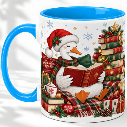 #pl[11oz|Blue] Christmas Goose Accent Mug, Ceramic Mug with Cozy Reading Artwork