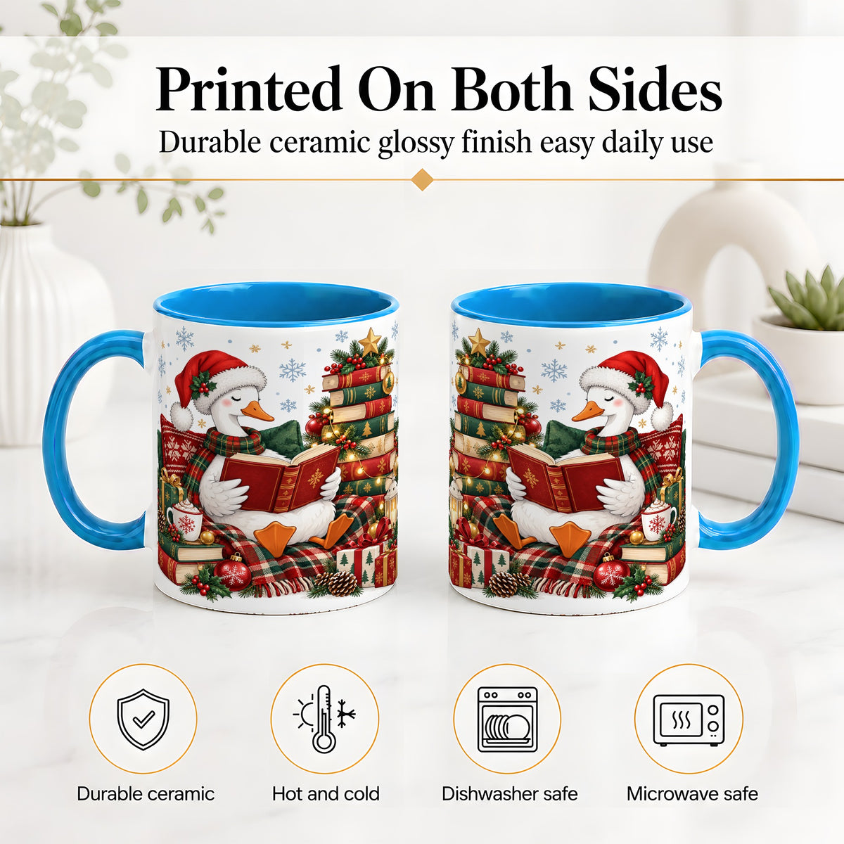 #pl[11oz|Blue] Christmas Goose Accent Mug, Ceramic Mug with Cozy Reading Artwork
