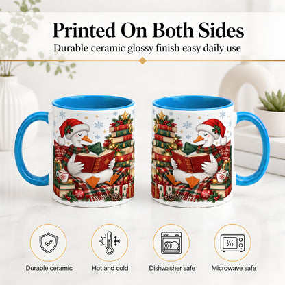 #pl[11oz|Blue] Christmas Goose Accent Mug, Ceramic Mug with Cozy Reading Artwork
