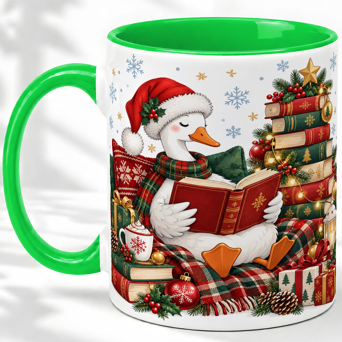 #pl[11oz|Green] Christmas Goose Accent Mug, Ceramic Mug with Cozy Reading Artwork