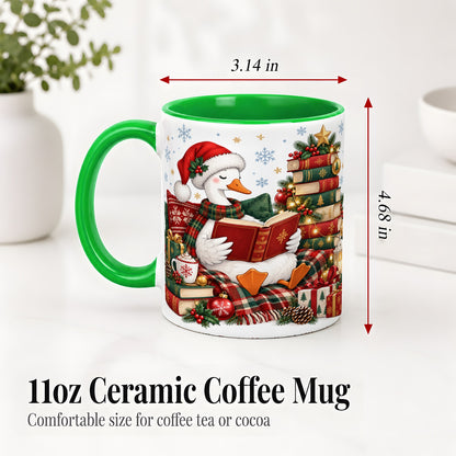 #pl[11oz|Green] Christmas Goose Accent Mug, Ceramic Mug with Cozy Reading Artwork