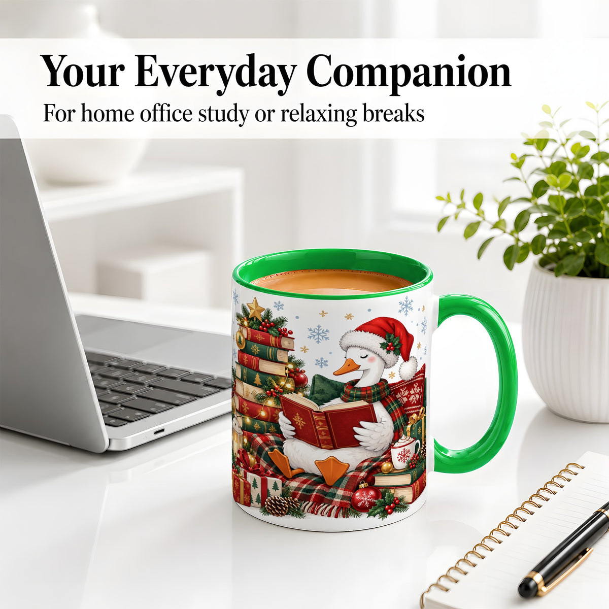 #pl[11oz|Green] Christmas Goose Accent Mug, Ceramic Mug with Cozy Reading Artwork