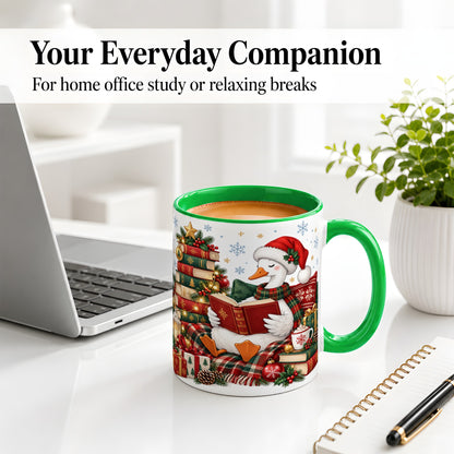 #pl[11oz|Green] Christmas Goose Accent Mug, Ceramic Mug with Cozy Reading Artwork