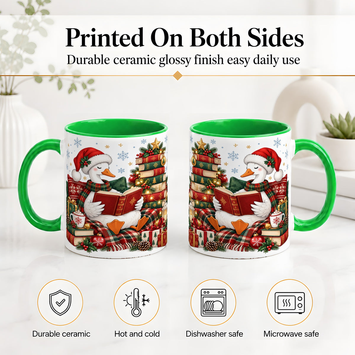 #pl[11oz|Green] Christmas Goose Accent Mug, Ceramic Mug with Cozy Reading Artwork