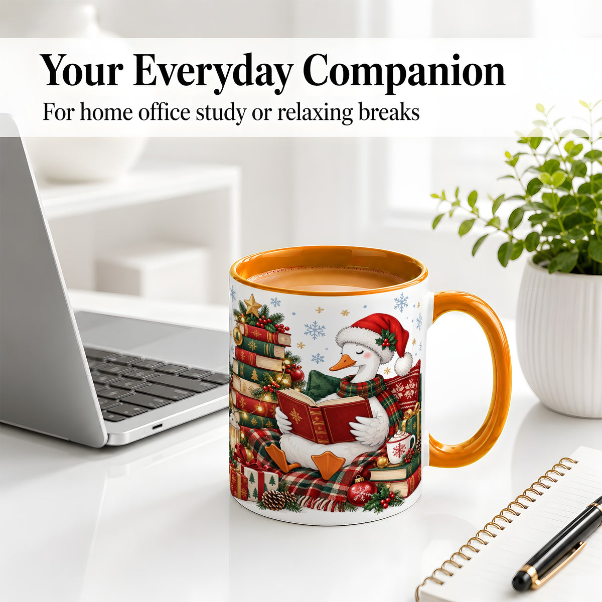 #pl[11oz|Orange] Christmas Goose Accent Mug, Ceramic Mug with Cozy Reading Artwork