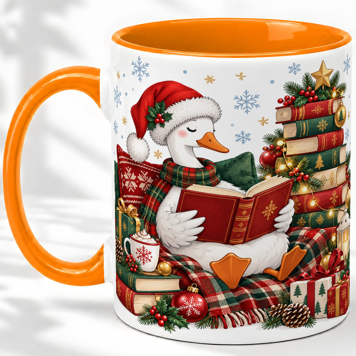 #pl[11oz|Orange] Christmas Goose Accent Mug, Ceramic Mug with Cozy Reading Artwork