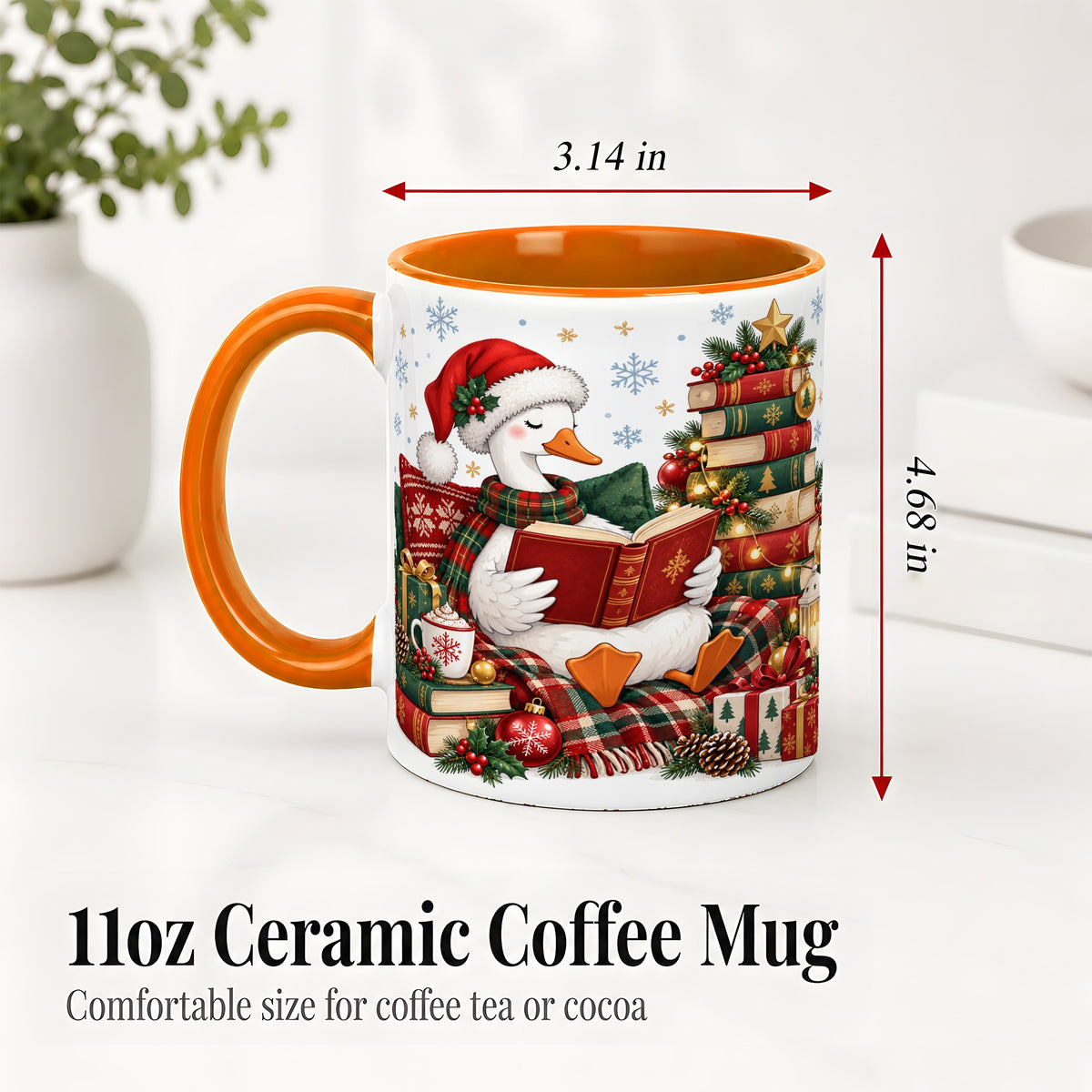 #pl[11oz|Orange] Christmas Goose Accent Mug, Ceramic Mug with Cozy Reading Artwork