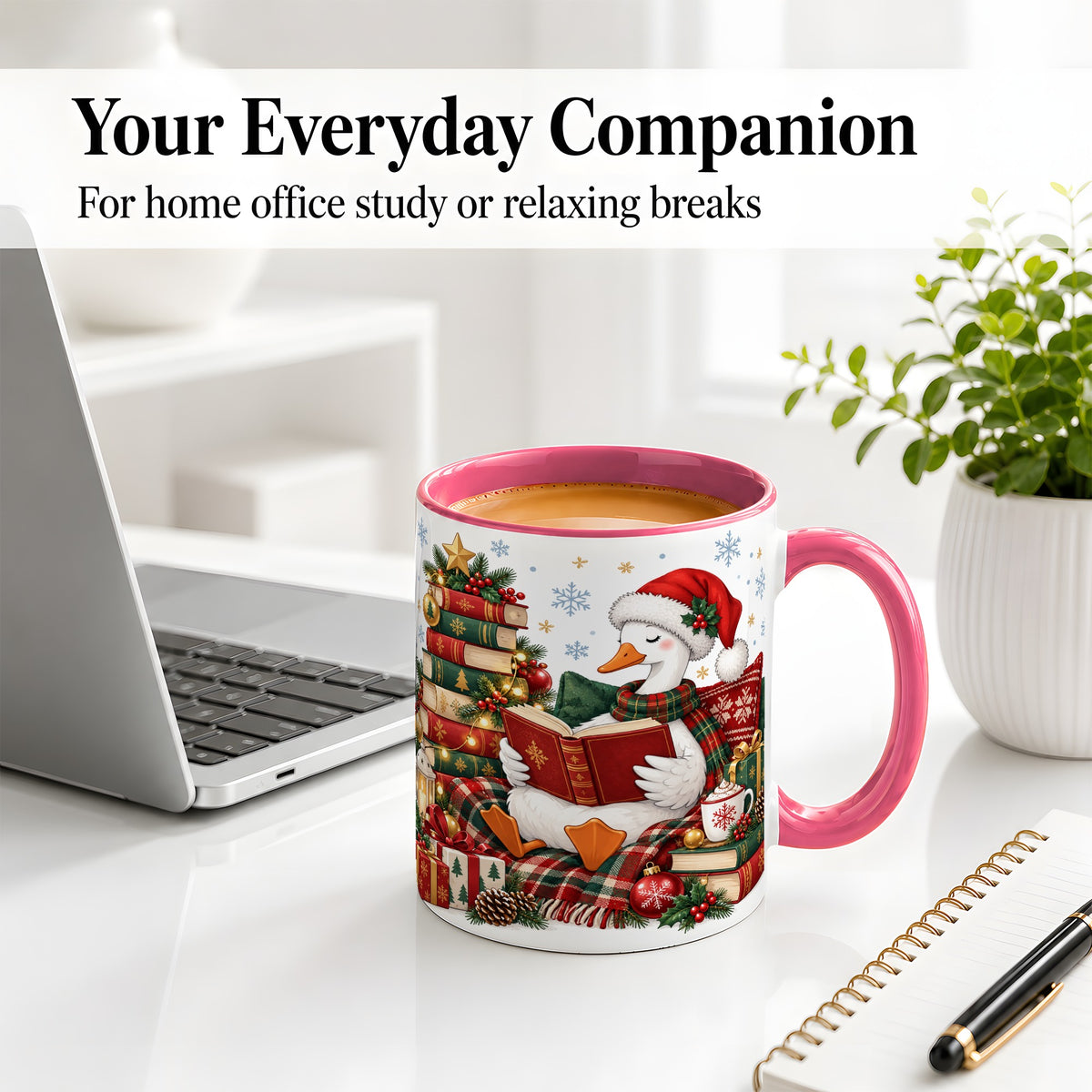 #pl[11oz|Pink] Christmas Goose Accent Mug, Ceramic Mug with Cozy Reading Artwork