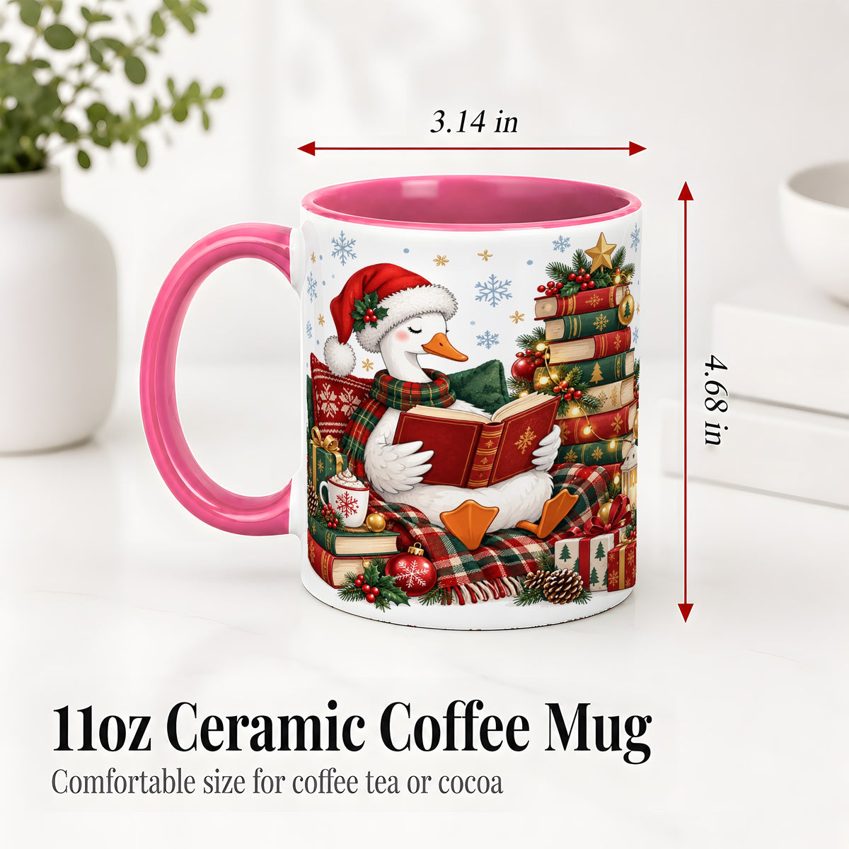 #pl[11oz|Pink] Christmas Goose Accent Mug, Ceramic Mug with Cozy Reading Artwork