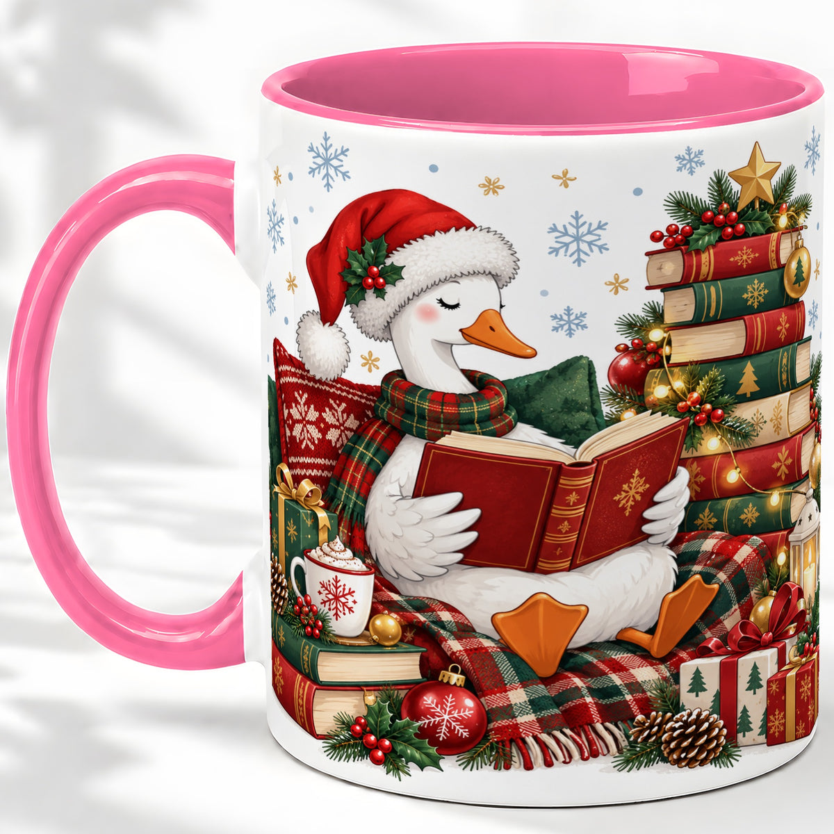 #pl[11oz|Pink] Christmas Goose Accent Mug, Ceramic Mug with Cozy Reading Artwork