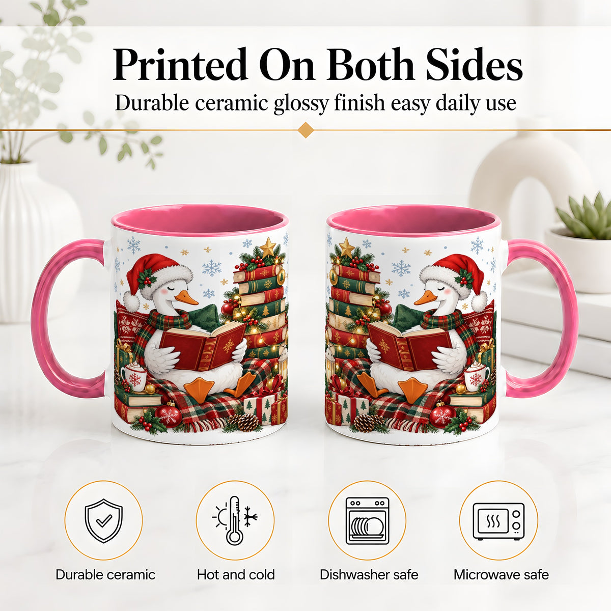 #pl[11oz|Pink] Christmas Goose Accent Mug, Ceramic Mug with Cozy Reading Artwork