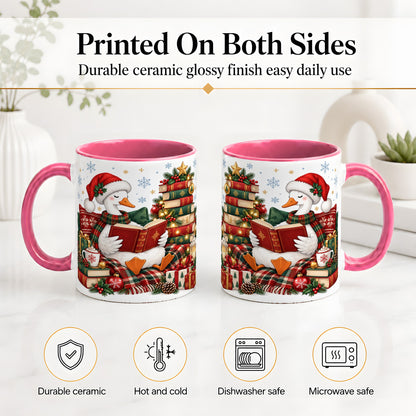 #pl[11oz|Pink] Christmas Goose Accent Mug, Ceramic Mug with Cozy Reading Artwork
