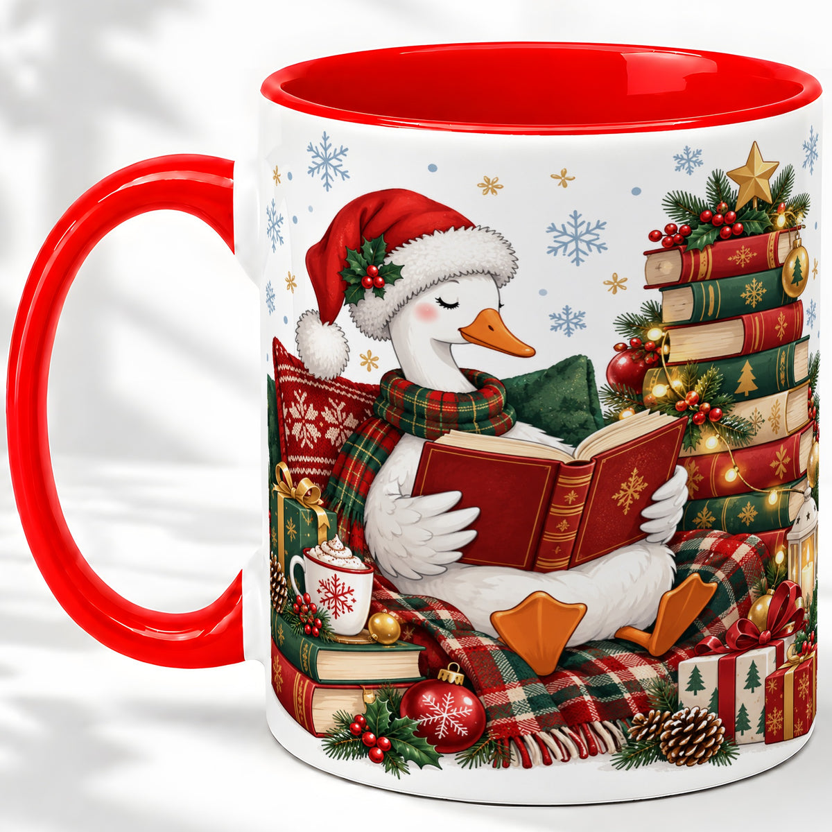 Christmas Goose Accent Mug, Ceramic Mug with Cozy Reading Artwork