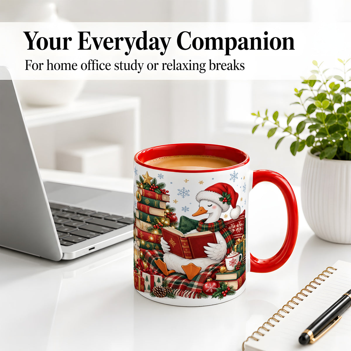 #pl[11oz|Red] Christmas Goose Accent Mug, Ceramic Mug with Cozy Reading Artwork