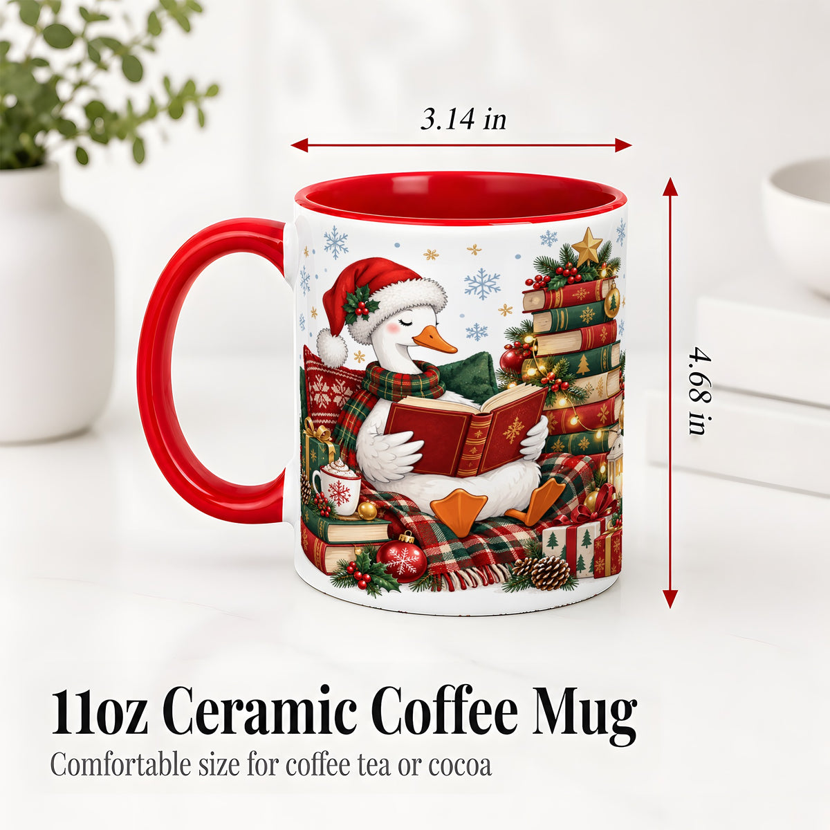 #pl[11oz|Red] Christmas Goose Accent Mug, Ceramic Mug with Cozy Reading Artwork