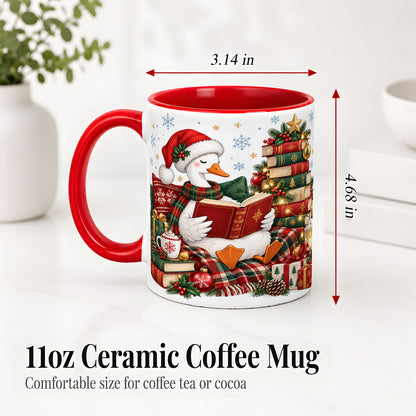 #pl[11oz|Red] Christmas Goose Accent Mug, Ceramic Mug with Cozy Reading Artwork