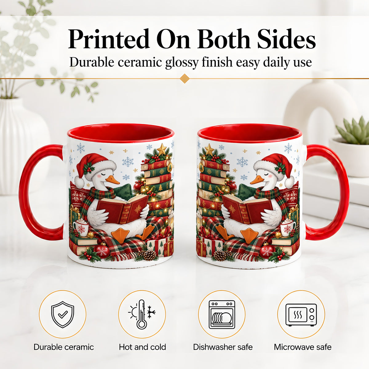 #pl[11oz|Red] Christmas Goose Accent Mug, Ceramic Mug with Cozy Reading Artwork