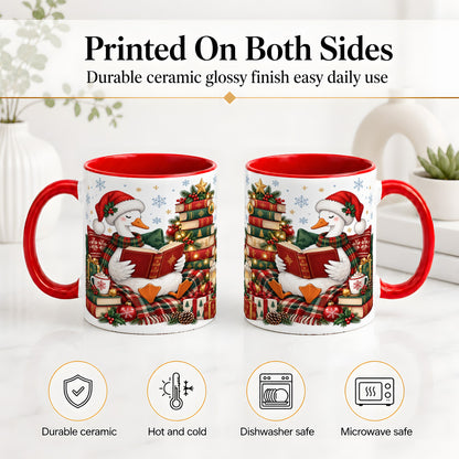 #pl[11oz|Red] Christmas Goose Accent Mug, Ceramic Mug with Cozy Reading Artwork