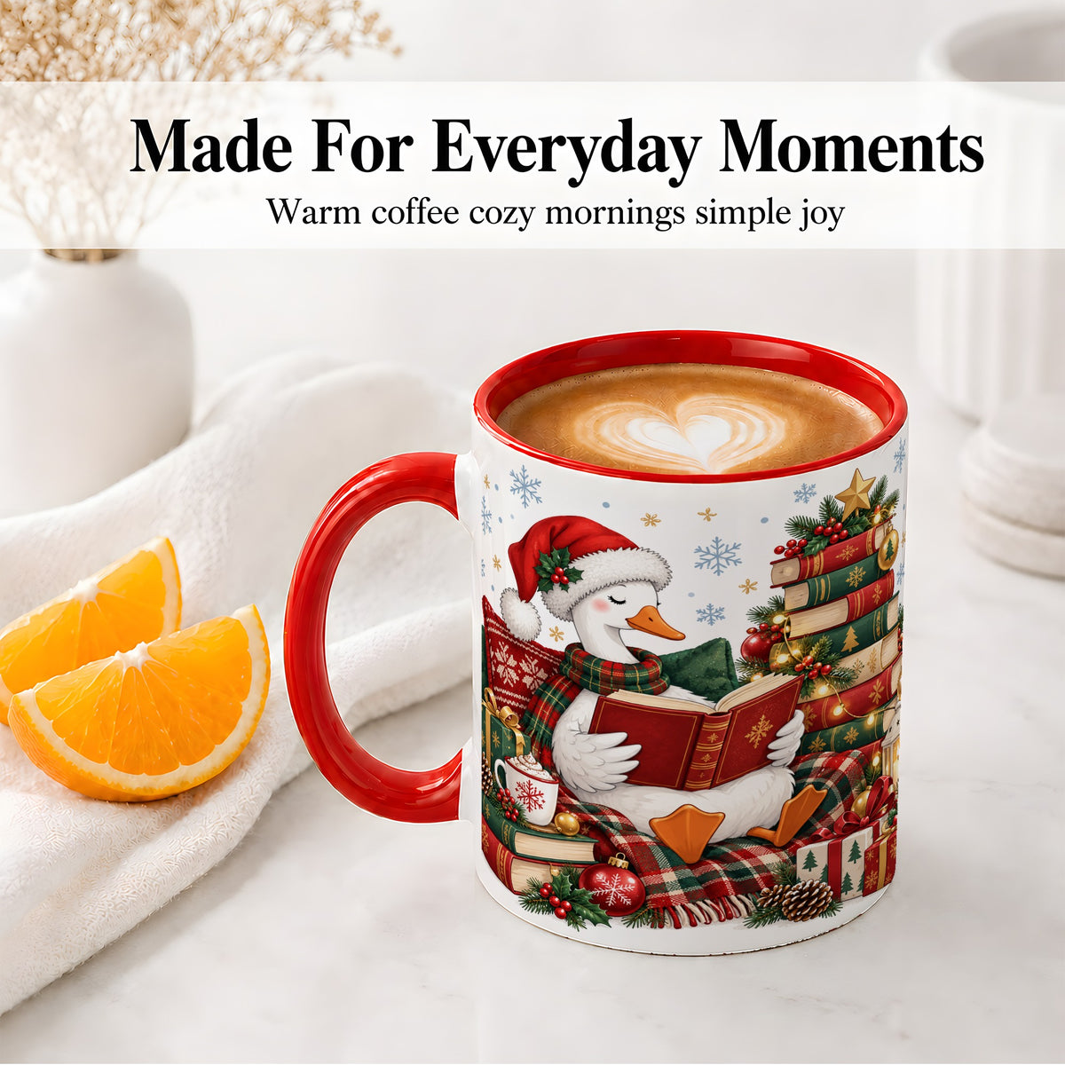 #pl[11oz|Red] Christmas Goose Accent Mug, Ceramic Mug with Cozy Reading Artwork