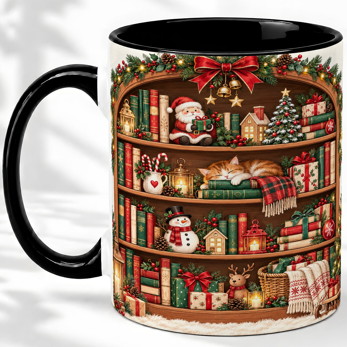 #pl[11oz|Black] Christmas Bookshelf Accent Mug, Ceramic Mug with Cozy Library Art