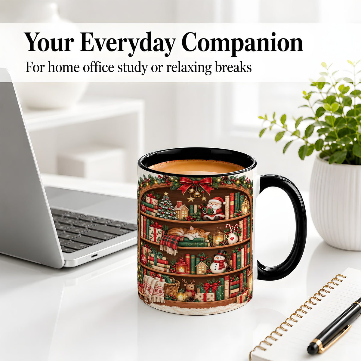 #pl[11oz|Black] Christmas Bookshelf Accent Mug, Ceramic Mug with Cozy Library Art