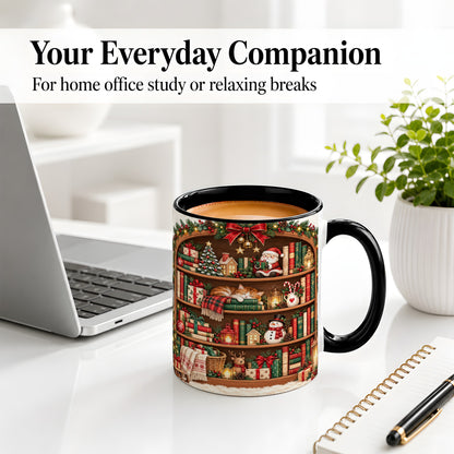 #pl[11oz|Black] Christmas Bookshelf Accent Mug, Ceramic Mug with Cozy Library Art