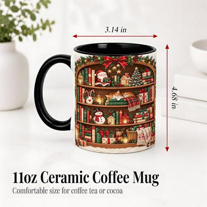 #pl[11oz|Black] Christmas Bookshelf Accent Mug, Ceramic Mug with Cozy Library Art